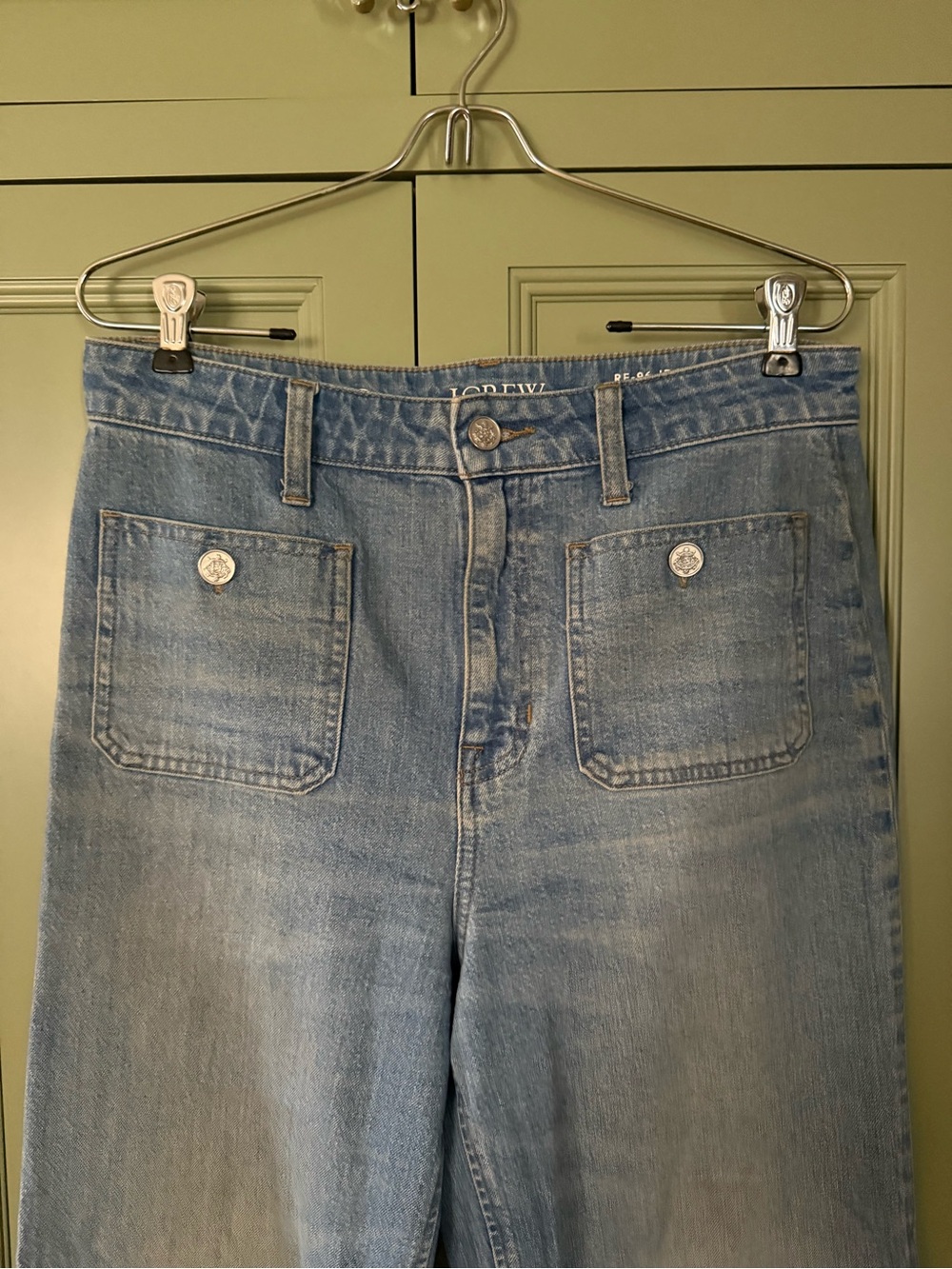 J. Crew Medium Blue High-Rise Wide-Leg Patch Pocket Sailor Jeans 28 Fits Like 29 - Picture 10 of 13